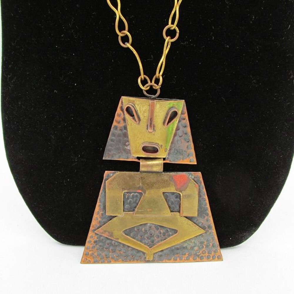 Casa Maya Aztec Mayan Tribal Mexico Brass Copper Necklace Pendant 24 in Vtg